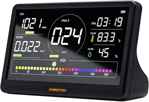 POWERTEC AD1001 Air Quality Monitor with 7" LCD Display - Multi-Sensor CO₂, PM2.5, PM10, TVOC, HCHO, Detector, NDIR Sensors, Rechargeable Indoor/Workshop Air Monitor in Kuwait