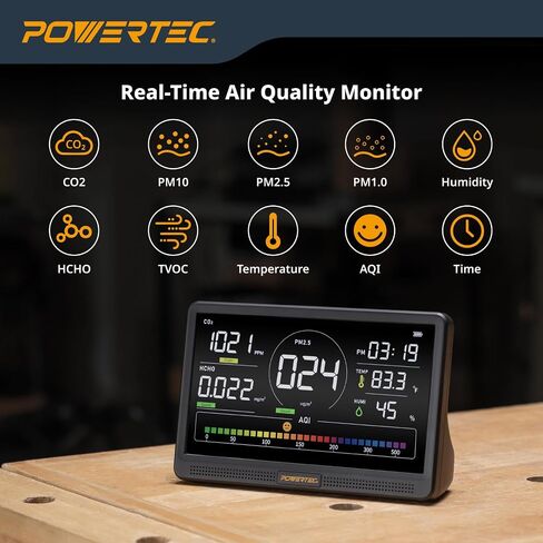 POWERTEC AD1001 Air Quality Monitor with 7" LCD Display - Multi-Sensor CO₂, PM2.5, PM10, TVOC, HCHO, Detector, NDIR Sensors, Rechargeable Indoor/Workshop Air Monitor in Kuwait