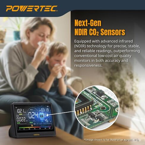 POWERTEC AD1001 Air Quality Monitor with 7" LCD Display - Multi-Sensor CO₂, PM2.5, PM10, TVOC, HCHO, Detector, NDIR Sensors, Rechargeable Indoor/Workshop Air Monitor in Kuwait