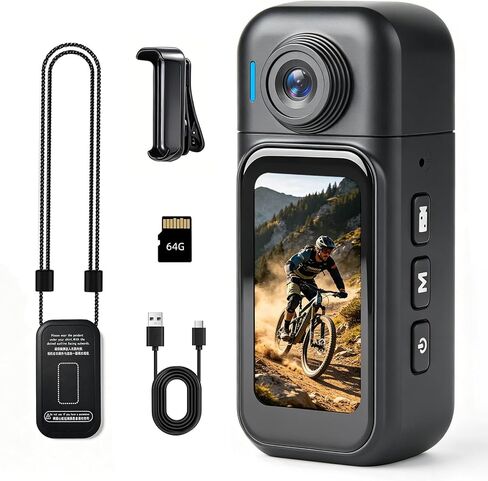 4K Body Camera - 64GB Mini Wearable POV Action Cam with 1.47" Touch Screen & Charging Dock, 180° Rotating Lens, Waterproof Case for Vlogging Travel Sports Cycling Motorcycle Helmet(Black) in Kuwait
