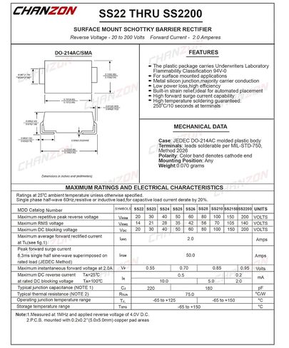 (عبوة من 100 قطعة) صمامات ثنائية مقوم حاجز شوتكي SMD من Chanzon SS210 2A 100V SMA (DO-214AC) 2 أمبير 100 فولت in Kuwait