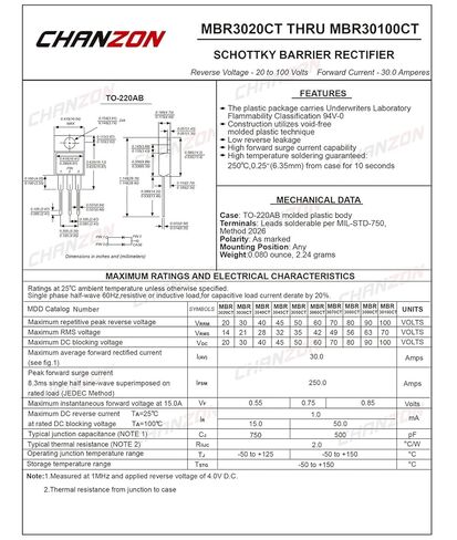 (Pack of 5 Pieces) Chanzon MBR3060PT Schottky Barrier Rectifier Diodes 30A 60V TO-247 (TO-247AD) 30 Amp 60 Volt in Kuwait