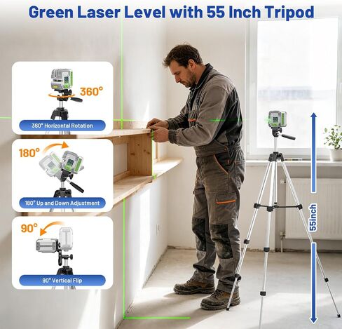 Huepar Pro Laser Level with 55-Inch Tripod, 150Ft Self Leveling Green Lazer Leveler Tool with Pulse Mode up to 200Ft, Rechargeable, Cross Lines for Picture Hanging, Tile, DIY/Construction, Hard Case in Kuwait