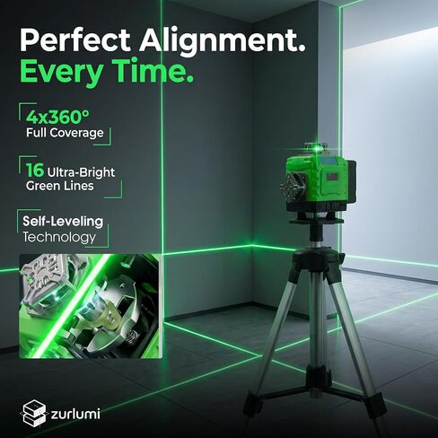 Self-leveling Laser with Tripod, 4 x 360 High Brightness Green Laser Leveler Tool, 16 Line Level Laser Measuring Tool for Contruction, Home Renovation, Picture Hanging in Kuwait