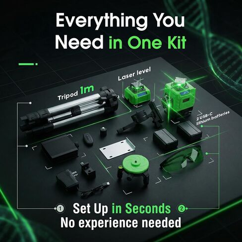Self-leveling Laser with Tripod, 4 x 360 High Brightness Green Laser Leveler Tool, 16 Line Level Laser Measuring Tool for Contruction, Home Renovation, Picture Hanging in Kuwait