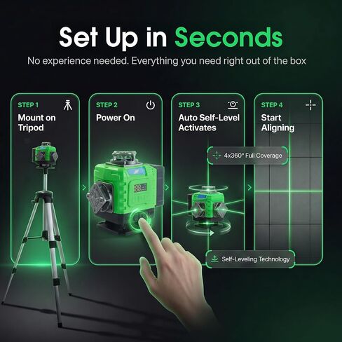 Self-leveling Laser with Tripod, 4 x 360 High Brightness Green Laser Leveler Tool, 16 Line Level Laser Measuring Tool for Contruction, Home Renovation, Picture Hanging in Kuwait