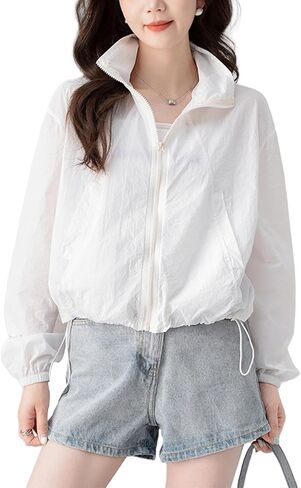 Womens Stand Collar Zip Up Sun Protection Jacket Drawstring Hem Lightweight Outerwear in Kuwait