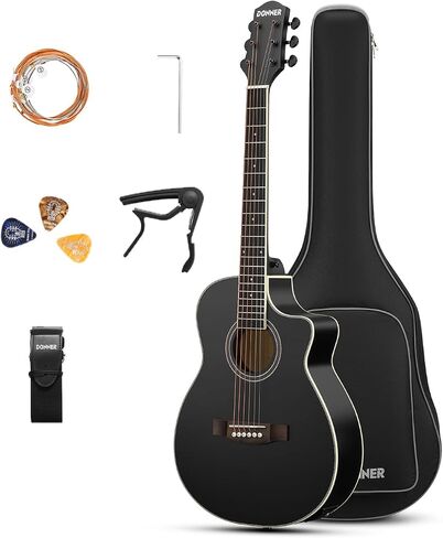 Donner Voyager Acoustic Electric Guitar Kit, JF Cutaway 3/4 Guitar with Built-in Pickup & Tuner, 3-Band EQ, Portable Travel Guitar Bundle with Gig Bag, Capo, Strap for Beginners-Matte Black in Saudi Arabia