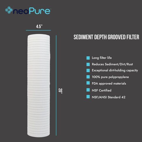Neo-Pure 20" BB Polypropylene Grooved Sediment Filter - 1 Micron, Single - High Dirt Holding Capacity, Extended Filter Life & Superior Filtration for Cleaner Water in Saudi Arabia