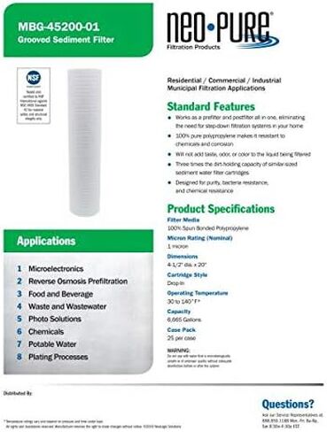 Neo-Pure 20" BB Polypropylene Grooved Sediment Filter - 1 Micron, Single - High Dirt Holding Capacity, Extended Filter Life & Superior Filtration for Cleaner Water in Saudi Arabia