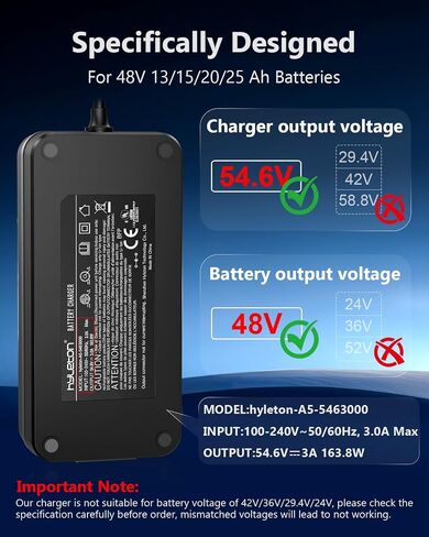 UL Certified 54.6V 3A Faster ebike Charger for 48V Lithium Batteries - with Auto Shutoff, Intelligent Temperature Control, V0 Fireproof Case, Compatible with TST, ESKUTE Electric Bikes in Kuwait
