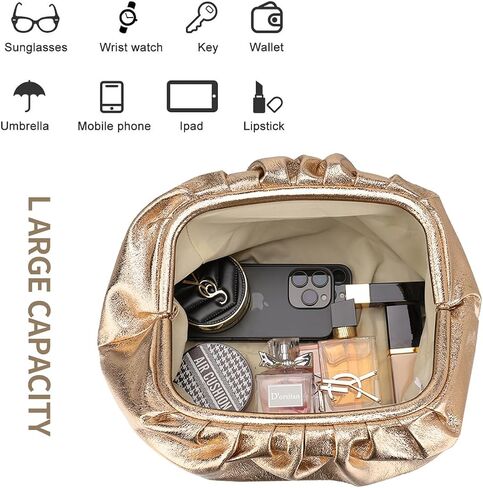 Women’s Evening Bag Vegan Leather Pleated Dumpling Clutch Purse, Soft Evening Handbag for Weddings Parties Formal in Saudi Arabia