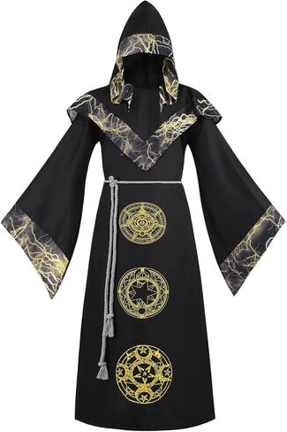 LMYOVE Men Wizard Costume with Hood, Adult Medieval Dark Sorcerer Robe, Medieval Renaissance Wizard Gown Halloween Costume in Kuwait
