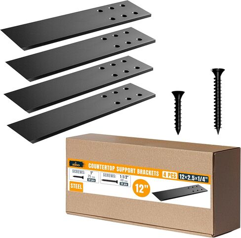 ALBO 12 "دعامات دعم كونترتوب مسطحة شديدة التحمل 4 قطع، 300 رطل 1/4" فولاذ - كوربل مخفي مثبت على السطح | طلاء بمسحوق أسود غير لامع مع براغي لشريط جزيرة المطبخ المصنوع من خشب الكوارتز والجرانيت in Kuwait
