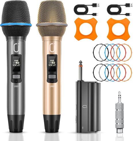 PPMIC Wireless Microphones, Two Rechargeable Microphones for Karaoke Singing, Rechargeable Dynamic Mic System with Receiver for Church, Party, Meeting, Speech, PA System, Plug and Play (Gray&Gold) in Saudi Arabia