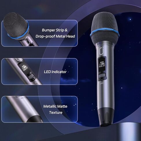 PPMIC Wireless Microphones, Two Rechargeable Microphones for Karaoke Singing, Rechargeable Dynamic Mic System with Receiver for Church, Party, Meeting, Speech, PA System, Plug and Play (Gray&Gold) in Saudi Arabia