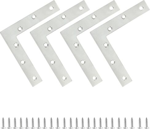 Bonsicoky 4 Pack L Shape Flat Bracket, 4.7" x 4.7" Stainless Steel Flat Corner Brackets, Corner Braces, Joining Plate, Repair Plate for Wood Furniture, Cabinet, Windows, Desks - Silver in Kuwait