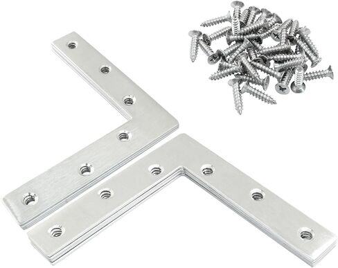 Bonsicoky 4 Pack L Shape Flat Bracket, 4.7" x 4.7" Stainless Steel Flat Corner Brackets, Corner Braces, Joining Plate, Repair Plate for Wood Furniture, Cabinet, Windows, Desks - Silver in Kuwait