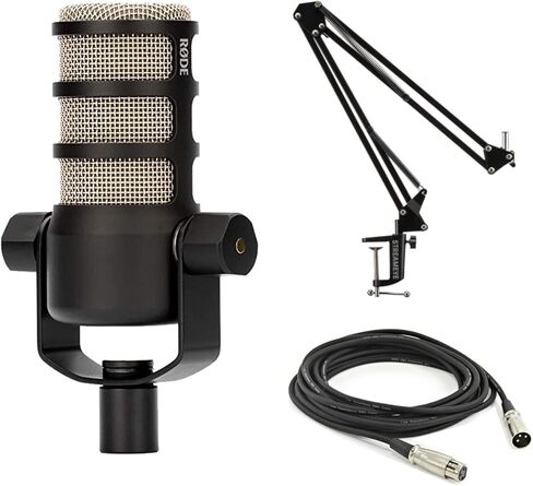 مجموعة ذراع ميكروفون البث الديناميكي Rode PodMic مع ذراع StreamEye BOOMARM1 من الألومنيوم مقاس 27 بوصة وكابل XLR متوازن بطول 10 أقدام - قلبي، مرشح بوب داخلي، بدون طاقة فانتوم in Kuwait