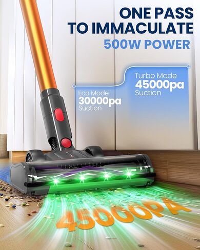 Cordless Vacuum Cleaner, 500W/45KPA/40Mins Lightweight Stick Vacuum for Home, LED Display and Green Headlights, 6-Stages Filtration, Self-Standing Vacuum for Hard Floor, Carpet in Kuwait