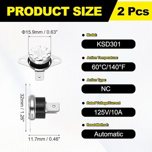 MECCANIXITY 2 قطعة KSD301 ترموستات NC مفتاح درجة الحرارة، 60 درجة مئوية/140 درجة فهرنهايت 10A قرص كبس للتحكم الحراري مفتاح حماية من الحرارة الزائدة لصانع القهوة في الميكروويف بالفرن، الباكليت مغلق عادة in Kuwait