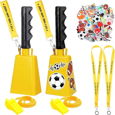 Treela 2 Pack 10 Inch Cowbells with Handle, Loud Noise Makers for Sporting Events Football Games, Complete Cheering Kit with 50 Stickers, Whistles & Straps for Graduation Stadium(White) in Kuwait