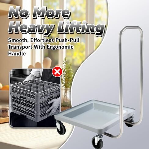 Heavy-Duty Dolly for Dish Rack and Glass Rack, 330 lbs Load Capacity, 31" Foldable Handle, 360° Rotatable Silent Rubber Wheels, Warewashing Rack Dolly for Kitchen and Restaurants in Kuwait