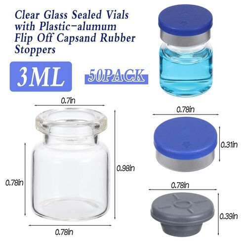50 Pcs 3ml Sealed Sterile Vials with Self Healing Injection Port, Empty Vials with Plastic-Aluminum Flip Caps, Glass Empty Vials for Injection, Liquid Sample Storage Vial with Caps in Kuwait