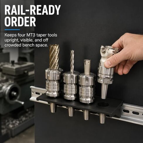 MT3 Tool Holder Compatible with DIN Rail Systems – Holds 4 Tapered Shanks | Chuck Organization Mount | Freestanding Rack for Lathe Mill Machine Work Areas in Kuwait