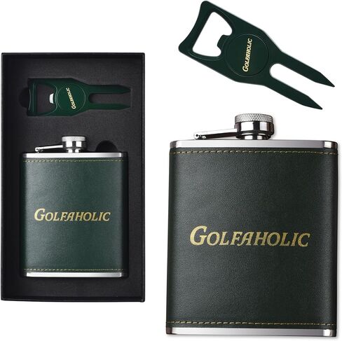 Shanker Golf - Hip Flask & Divot Tool Golf Gift Set - Golfaholic Hip Flask & 4-in-1 Divot Tool Set - Funny Golf Gifts for Men - Ball Marker, Groove Cleaner & Bottle Opener in Kuwait