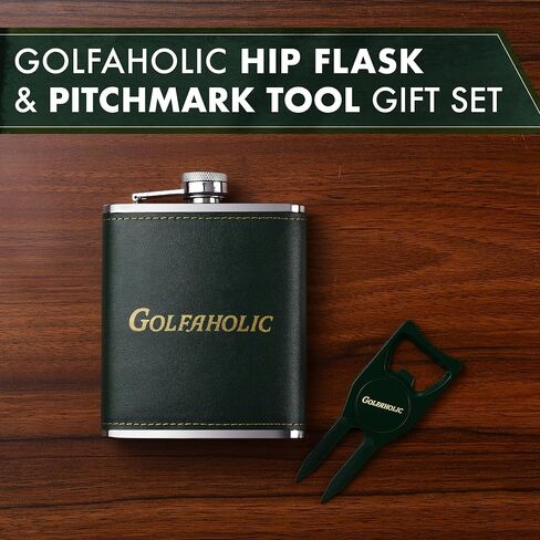 Shanker Golf - Hip Flask & Divot Tool Golf Gift Set - Golfaholic Hip Flask & 4-in-1 Divot Tool Set - Funny Golf Gifts for Men - Ball Marker, Groove Cleaner & Bottle Opener in Kuwait