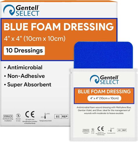 Blue Foam Dressings, 4"x4" - 10 Absorbent Foam Dressings with Antimicrobial Ingredients - Good for Moderate to Heavy Exudate Wounds - Works for Ulcers, Burns, Post-Op, Lacerations, Abrasions, and More in Kuwait