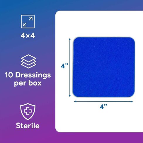 Blue Foam Dressings, 4"x4" - 10 Absorbent Foam Dressings with Antimicrobial Ingredients - Good for Moderate to Heavy Exudate Wounds - Works for Ulcers, Burns, Post-Op, Lacerations, Abrasions, and More in Kuwait