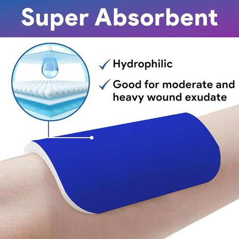Blue Foam Dressings, 4"x4" - 10 Absorbent Foam Dressings with Antimicrobial Ingredients - Good for Moderate to Heavy Exudate Wounds - Works for Ulcers, Burns, Post-Op, Lacerations, Abrasions, and More in Kuwait
