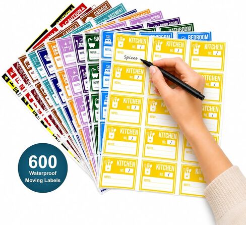 ملصقات متحركة - 600 ملصق تغليف ممتاز مقاوم للماء وقابل للإزالة، 40 ورقة × 15 ملصقًا متوسطًا، للمنزل والتخزين in Kuwait