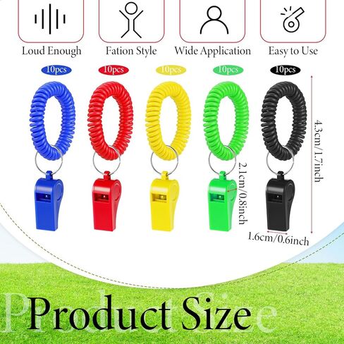 SHENLIU 50 Pcs Sport Whistle with Bracelet, Multicolor Loud Clear Plastic Whistles with Stretchable Coil Wrist Keychain Ring for Coaches Referees School Soccer Party Gift Survival Emergency Training in Kuwait