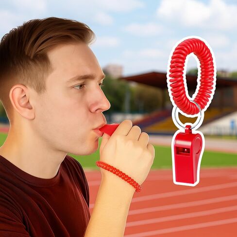 SHENLIU 50 Pcs Sport Whistle with Bracelet, Multicolor Loud Clear Plastic Whistles with Stretchable Coil Wrist Keychain Ring for Coaches Referees School Soccer Party Gift Survival Emergency Training in Kuwait