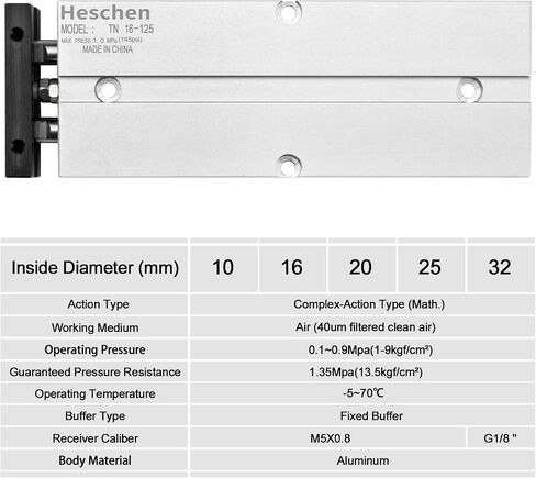 أسطوانة هواء هوائية من Heschen، TN16-125(TDA16-125)، تجويف 16 مم، شوط 125 مم، أسطوانة هواء هوائية من الألومنيوم مزدوجة الفعل، مع مغناطيس، فضي in Kuwait