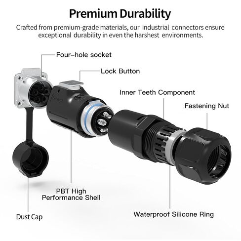 CNLINKO LP-32 5 Pin IP68 موصل دائري صناعي 50A 500V | مقبس بأربعة ثقوب، قابس كهربائي مقاوم للماء M32، تصميم قفل الدفع، لحام، للبيئات القاسية، المعدات الخارجية in Kuwait