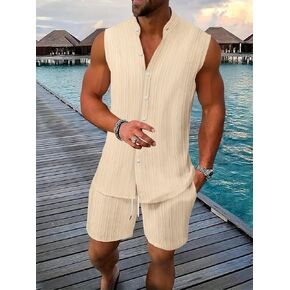 Men's Solid Color Textured Shirt Casual Henley Neck Sleeveless Top Shorts Beach 2pcs Set in Kuwait
