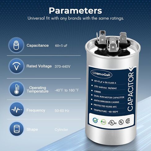 60/5 uF 60+5 MFD 370VAC or 440VAC Dual Run Start Round A/C Capacitor CBB65 CBB65B Air Conditioner Capacitors for AC Unit Fan Motor Start or Heat Pump or Condenser Straight Cool in Kuwait