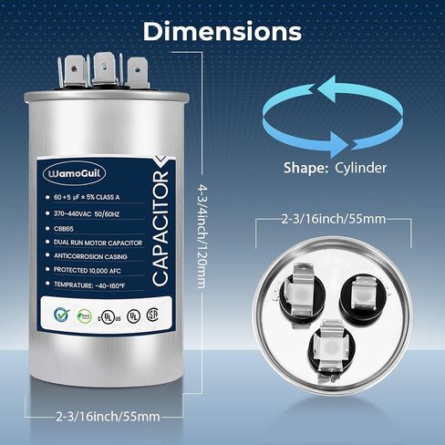 60/5 uF 60+5 MFD 370VAC or 440VAC Dual Run Start Round A/C Capacitor CBB65 CBB65B Air Conditioner Capacitors for AC Unit Fan Motor Start or Heat Pump or Condenser Straight Cool in Kuwait