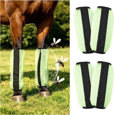 Universal Size Horse Fly Boots - Fine Mesh Stomping Reduction Leggings with Nylon Stays, Fleece Trim, Quick-Grip (4 Pack, Dark Blue). in Kuwait
