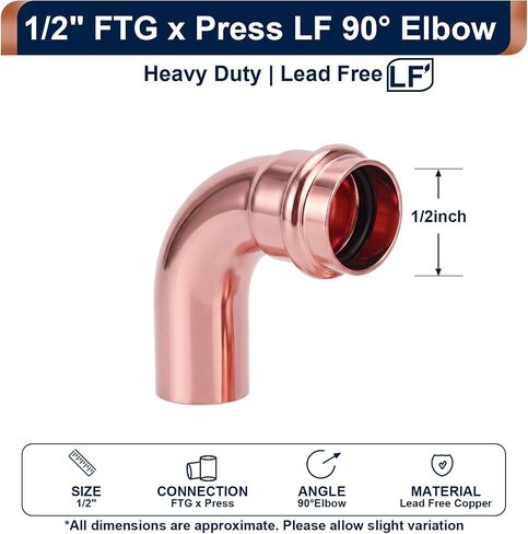 Zonon 15 Packs Copperpress Fittings 1/2'' Ftg x Press Lf Copper 90 Degree Elbow Pressure Fittings Heavy Duty Pipe Fitting Lbp Design for Copper Pipe Connection Residential Commercial Plumbing in Kuwait