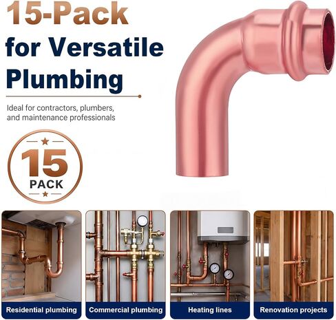 Zonon 15 Packs Copperpress Fittings 1/2'' Ftg x Press Lf Copper 90 Degree Elbow Pressure Fittings Heavy Duty Pipe Fitting Lbp Design for Copper Pipe Connection Residential Commercial Plumbing in Kuwait