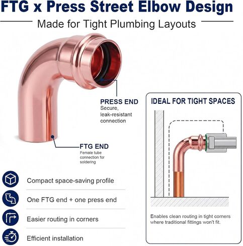 Zonon 15 Packs Copperpress Fittings 1/2'' Ftg x Press Lf Copper 90 Degree Elbow Pressure Fittings Heavy Duty Pipe Fitting Lbp Design for Copper Pipe Connection Residential Commercial Plumbing in Kuwait