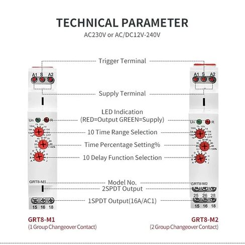 GRT8-M 16A مرحل مؤقت متعدد الوظائف مع 10 خيارات للوظائف AC 12V 24V 220V 230V مرحل الوقت (GRT8-M1 ACDC12V-240V) in Kuwait