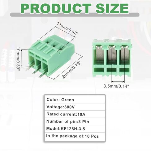 MECCANIXITY 10Pcs 3 Pin PCB Mount Screw Terminal Block Connector 3.5mm 0.14 Inch Pitch PCB Wiring Terminals 300V 10A for 26-16AWG Cable, Green in Kuwait