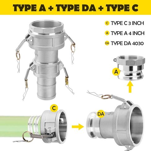 DA4030 Type DA Cam and Groove Hose Fitting, 4" Female Camlock x 3" Male Camlock, with Cam Lock Fittings 4" Part A and 3" Part C, 125PSI, Aluminum Material in Kuwait