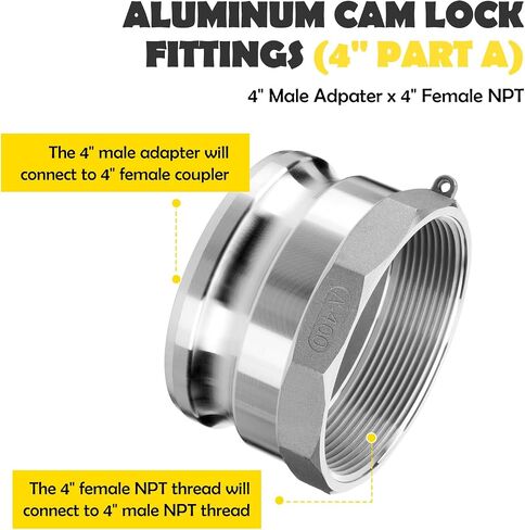 DA4030 Type DA Cam and Groove Hose Fitting, 4" Female Camlock x 3" Male Camlock, with Cam Lock Fittings 4" Part A and 3" Part C, 125PSI, Aluminum Material in Kuwait